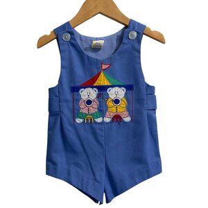Vintage Baby Boy Circus Bears Romper - Blue Overalls Shortall Outfit - 12 Months